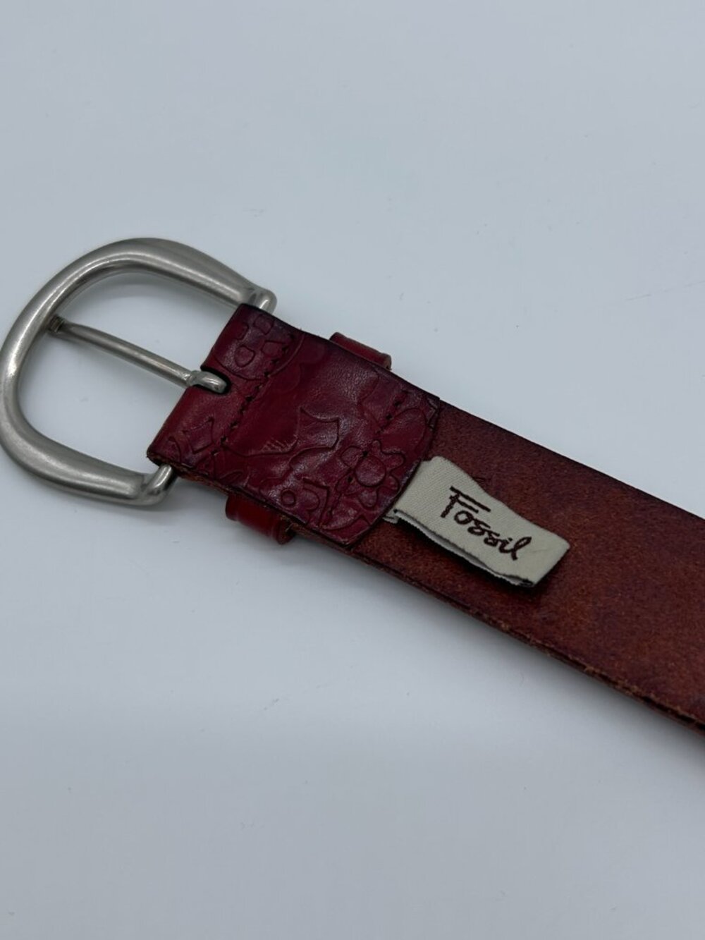 Fossil Belt Brown Genuine Leather Women's Size L Embossed Floral - Picture 8 of 9